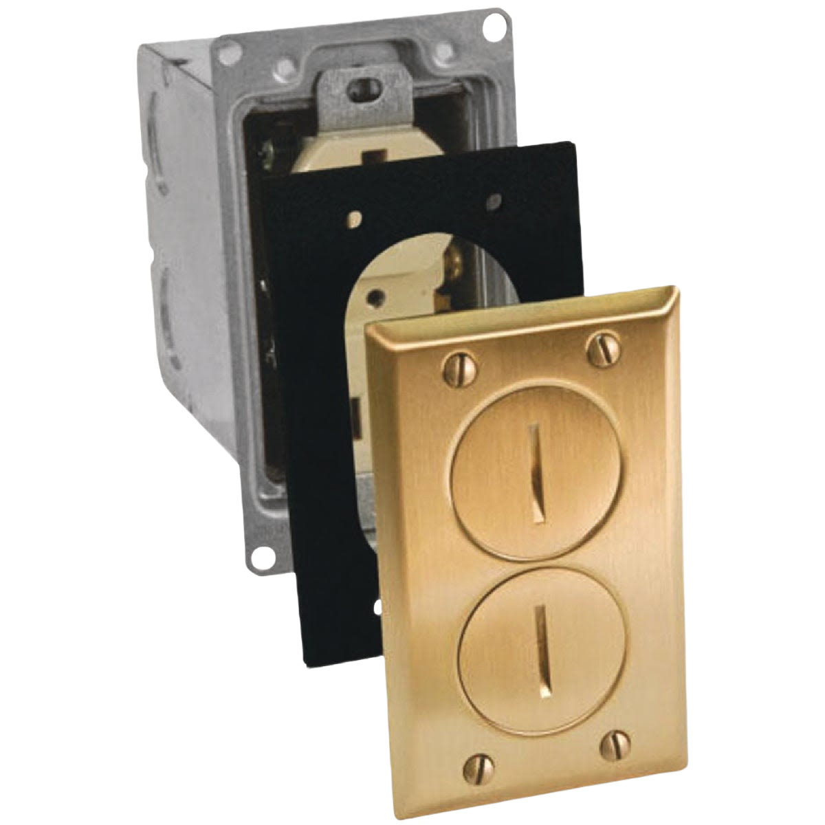 Brushed brass floor box outlet kit with metal enclosure and mounting hardware for home improvement projects