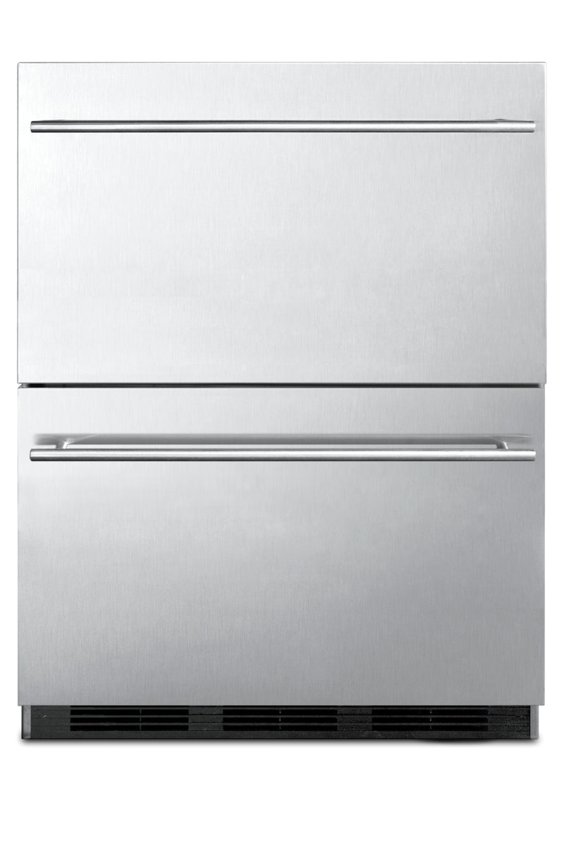 Compact stainless steel two-drawer refrigerator with horizontal handles from kitchen appliances collection