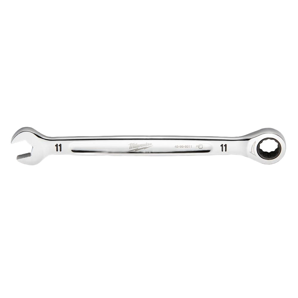 Polished 11-mm metric ratcheting combination wrench with open and closed ends for tools and home improvement tasks