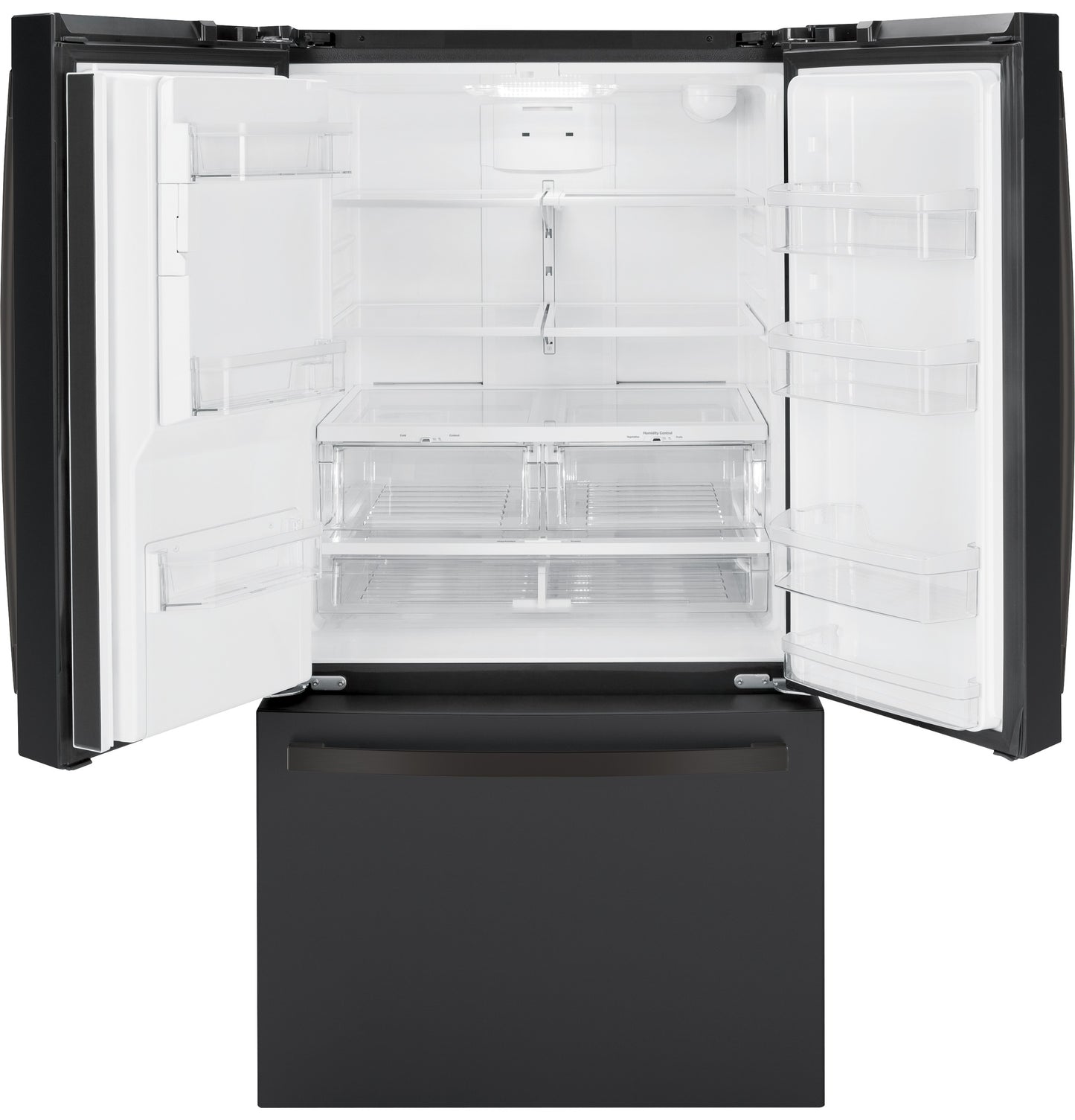 Open black French-door refrigerator with clear shelving and spacious interior from French Door Refrigerators collection