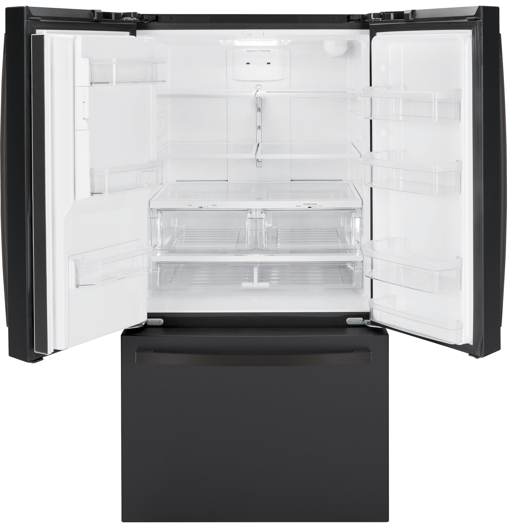 Open black French-door refrigerator with clear shelving and spacious interior from French Door Refrigerators collection
