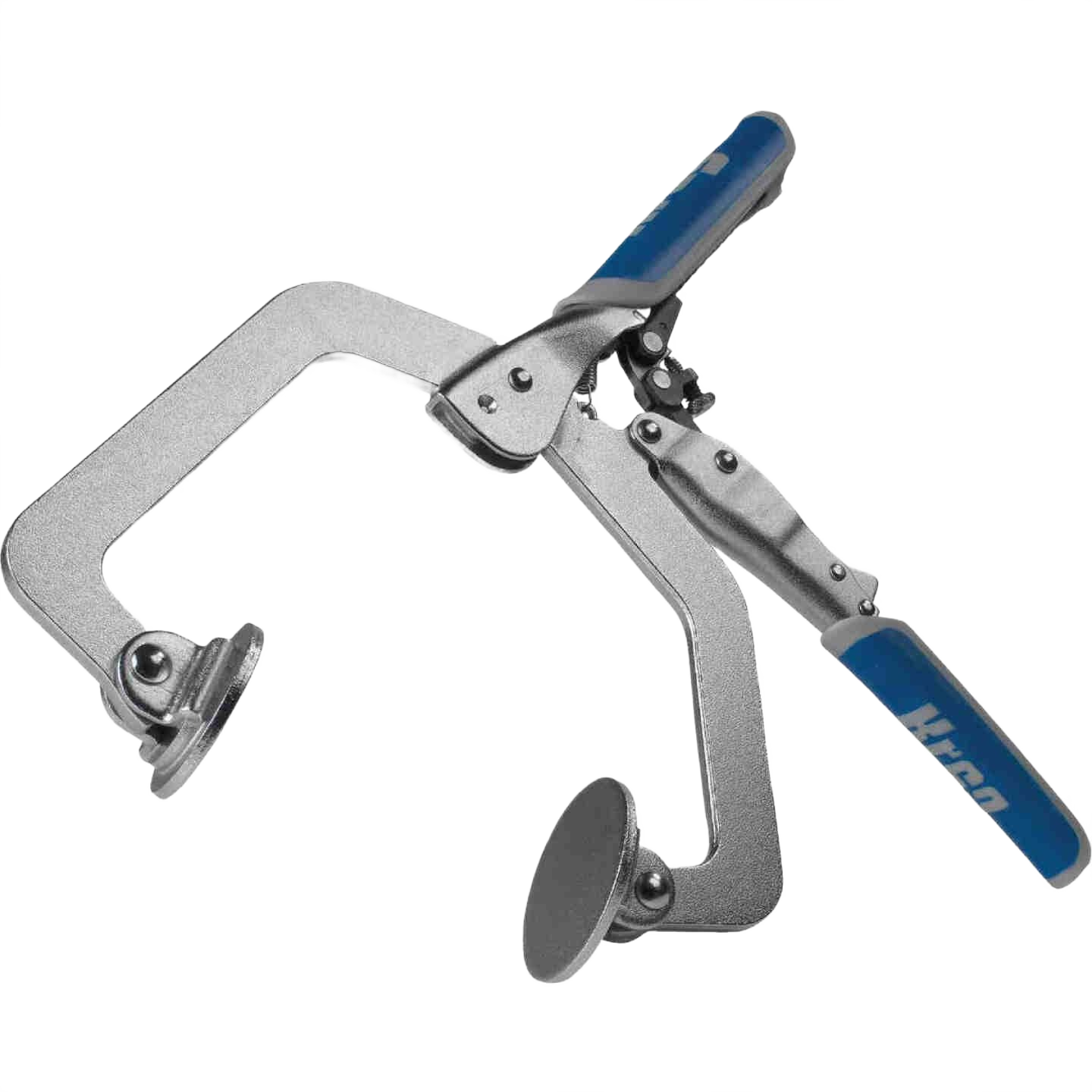 Metal wood clamp with blue cushioned handles designed for home improvement and woodworking projects