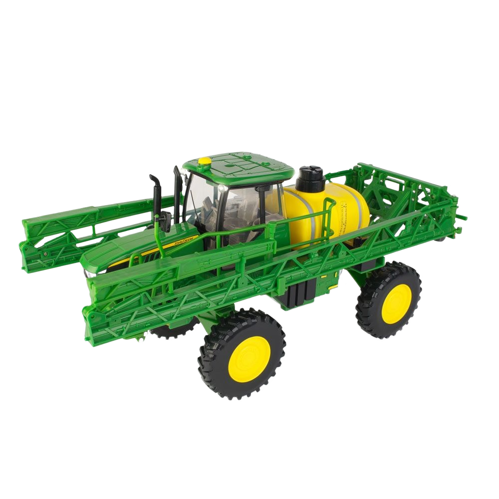 Green and yellow scale model of a self-propelled farm sprayer with large wheels and extended booms