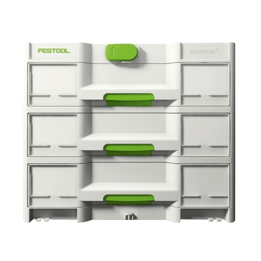 Compact white and green Festool storage unit with multiple drawers for workshop organization and tool storage accessories