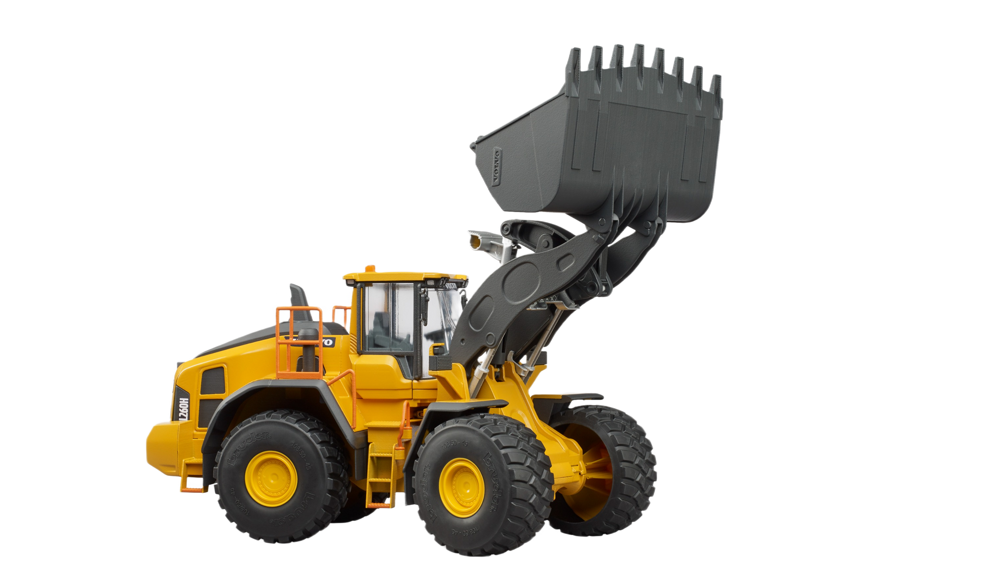 Yellow Bruder Volvo Wheel Loader L260H with large black bucket raised and detailed cabin for construction play