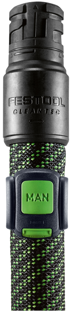 Festool Cleantec dust extractor hose with green and black braided exterior and quick-release locking mechanism for woodworking tools