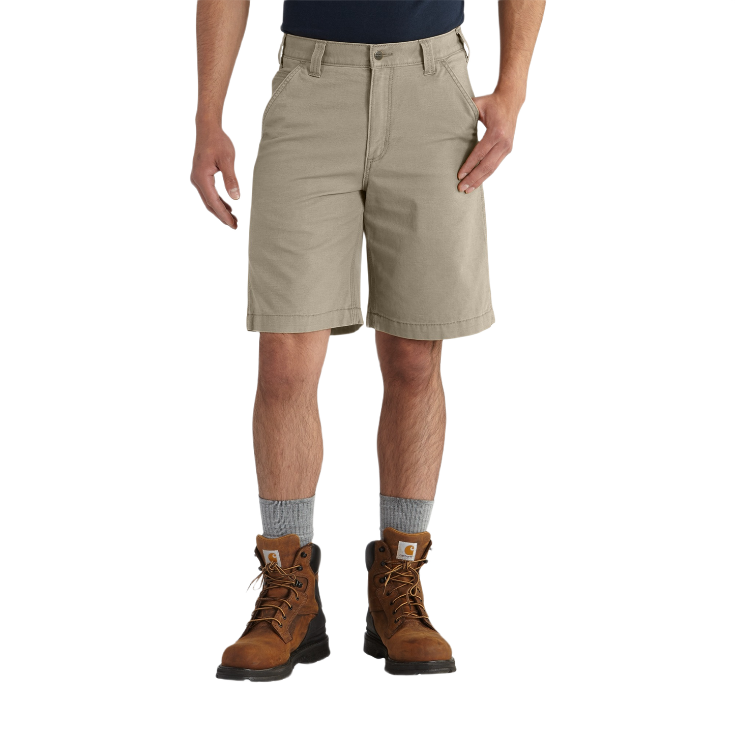 Men’s relaxed fit tan 10-inch Rigby shorts in cotton-spandex canvas with Rugged Flex stretch for durability and comfort