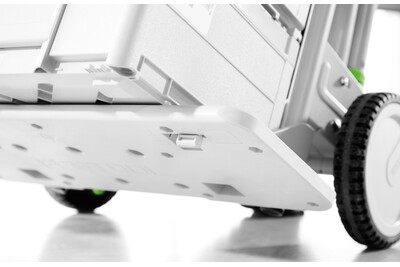 Close-up of wheel and base platform on a portable underframe designed for woodworking tools and Festool mobility solutions