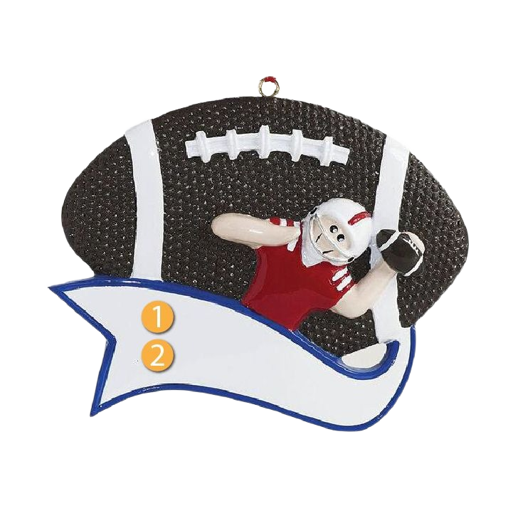 Christmas ornament with boy in red jersey tossing football against textured football background and banner
