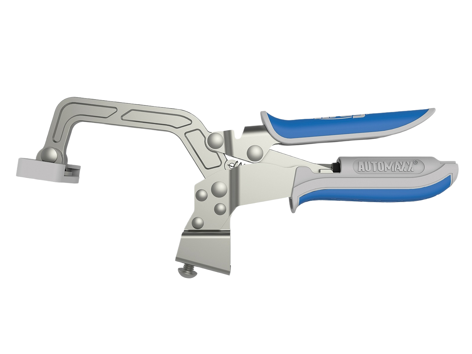 Metal bench clamp with blue-grip handle and Automaxx mechanism for tools and home improvement projects