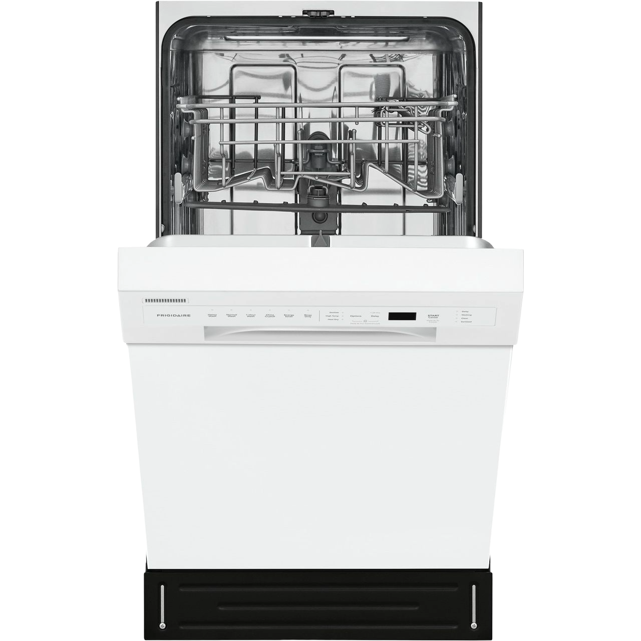 White built-in dishwasher with open door showing interior racks and control panel from kitchen appliances collection