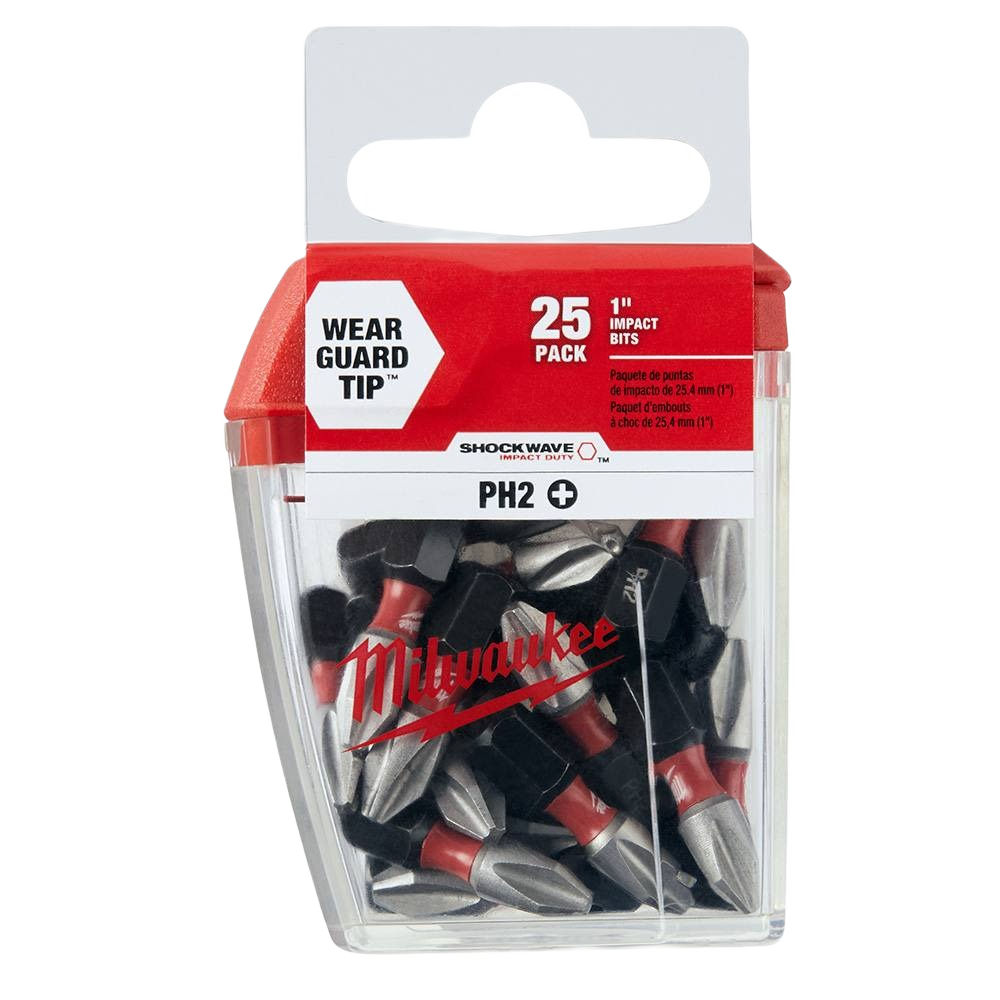 Pack of 25 Milwaukee PH2 Phillips impact driver bits with Wear Guard Tip for durable power tool use