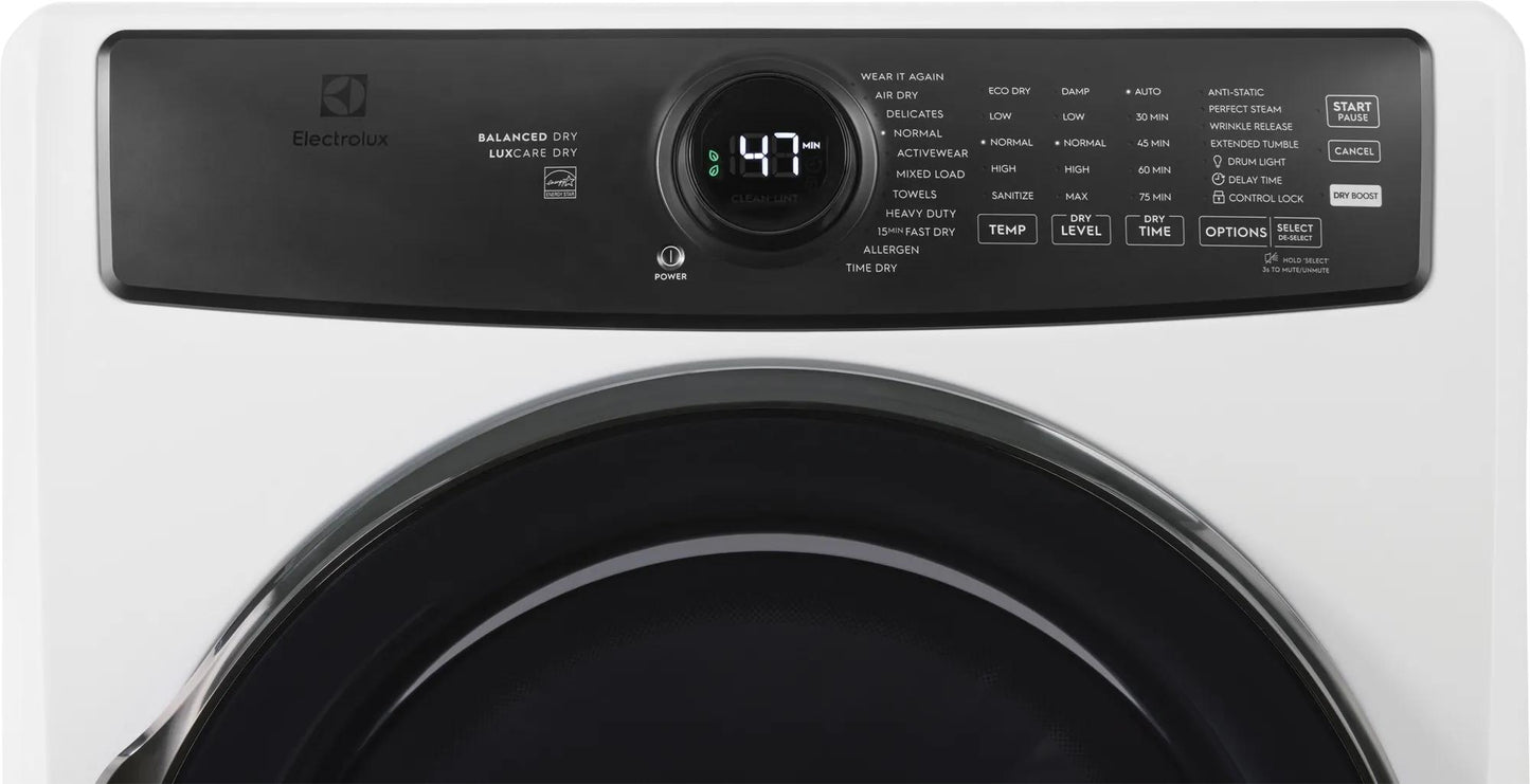 Matte white front load gas dryer control panel with digital display and cycle options from Dryers collection
