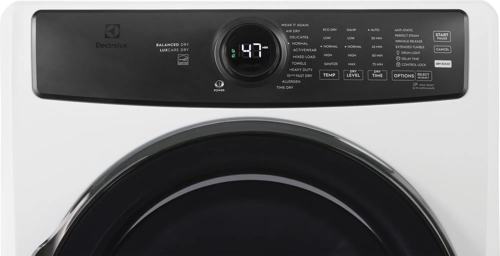 Matte white front load gas dryer control panel with digital display and cycle options from Dryers collection