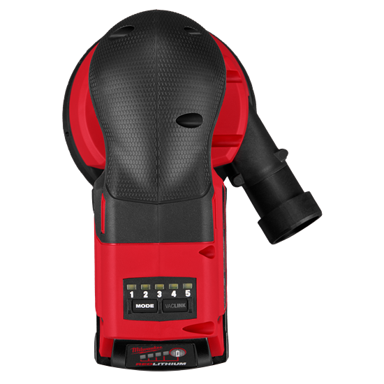 Red and black cordless random orbital sander with textured ergonomic grip and dust extraction port for home improvement tasks
