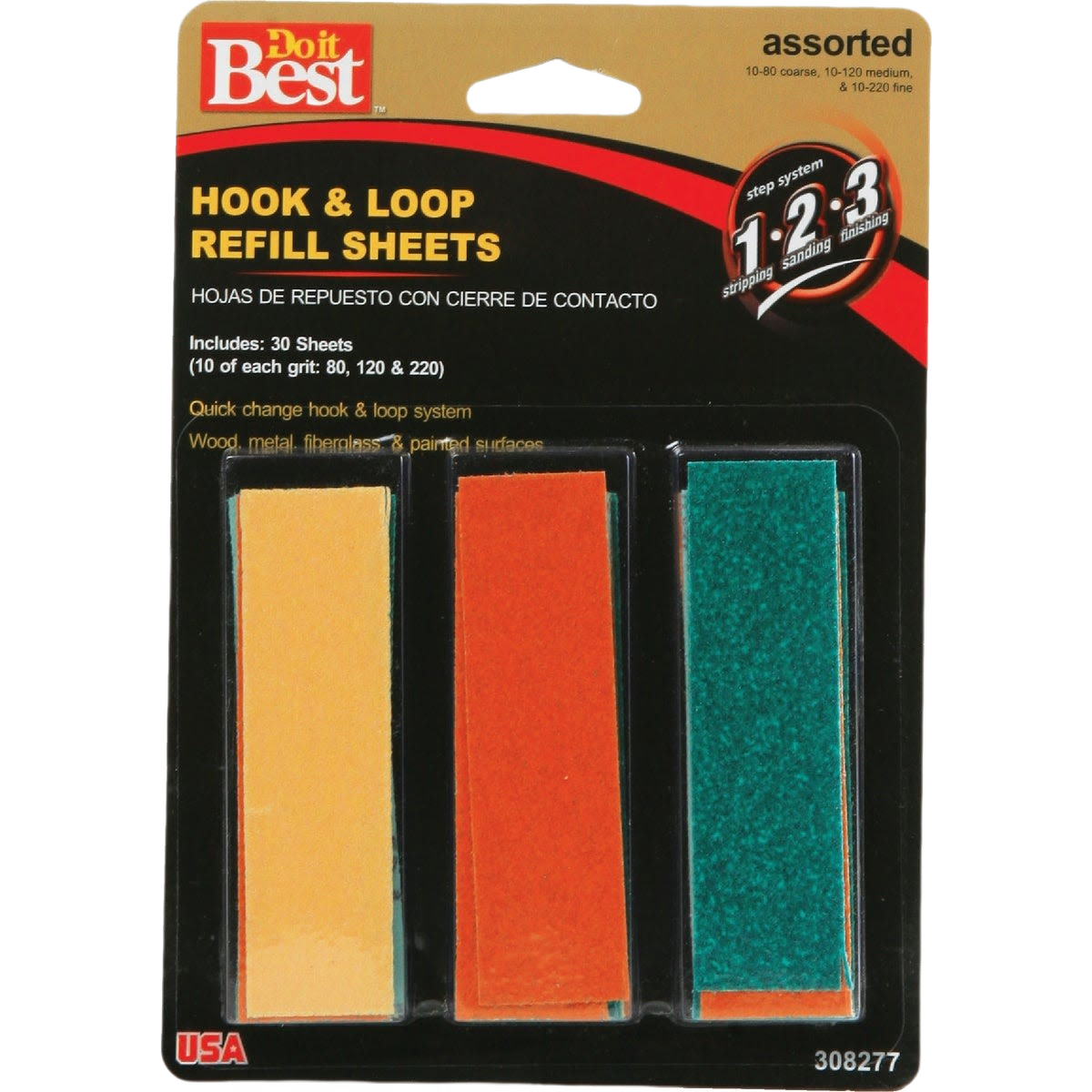 Assorted hook and loop sanding refill sheets in coarse, medium, and fine grits for tools and home improvement