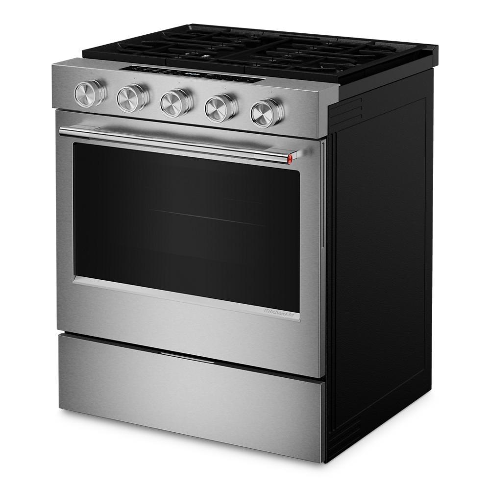 Stainless steel smart slide-in gas range with five control knobs, large oven window, and convection cooking, part of Ranges, Gas Ranges, Kitchen & Kitchenware, Appliances collections.