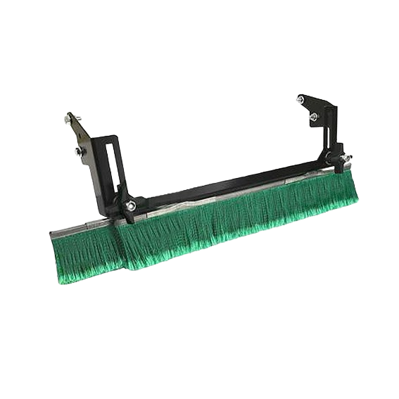 Green bristle grass groomer attachment with black metal mounting brackets for lawn care equipment.