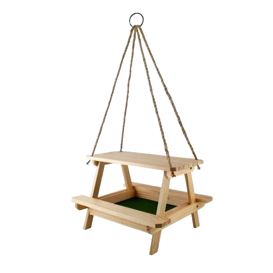 Wooden hanging picnic table platform feeder with rope suspension for outdoor bird feeding and garden use