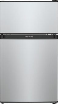 Compact stainless steel refrigerator with top freezer compartment in kitchen and appliances collection