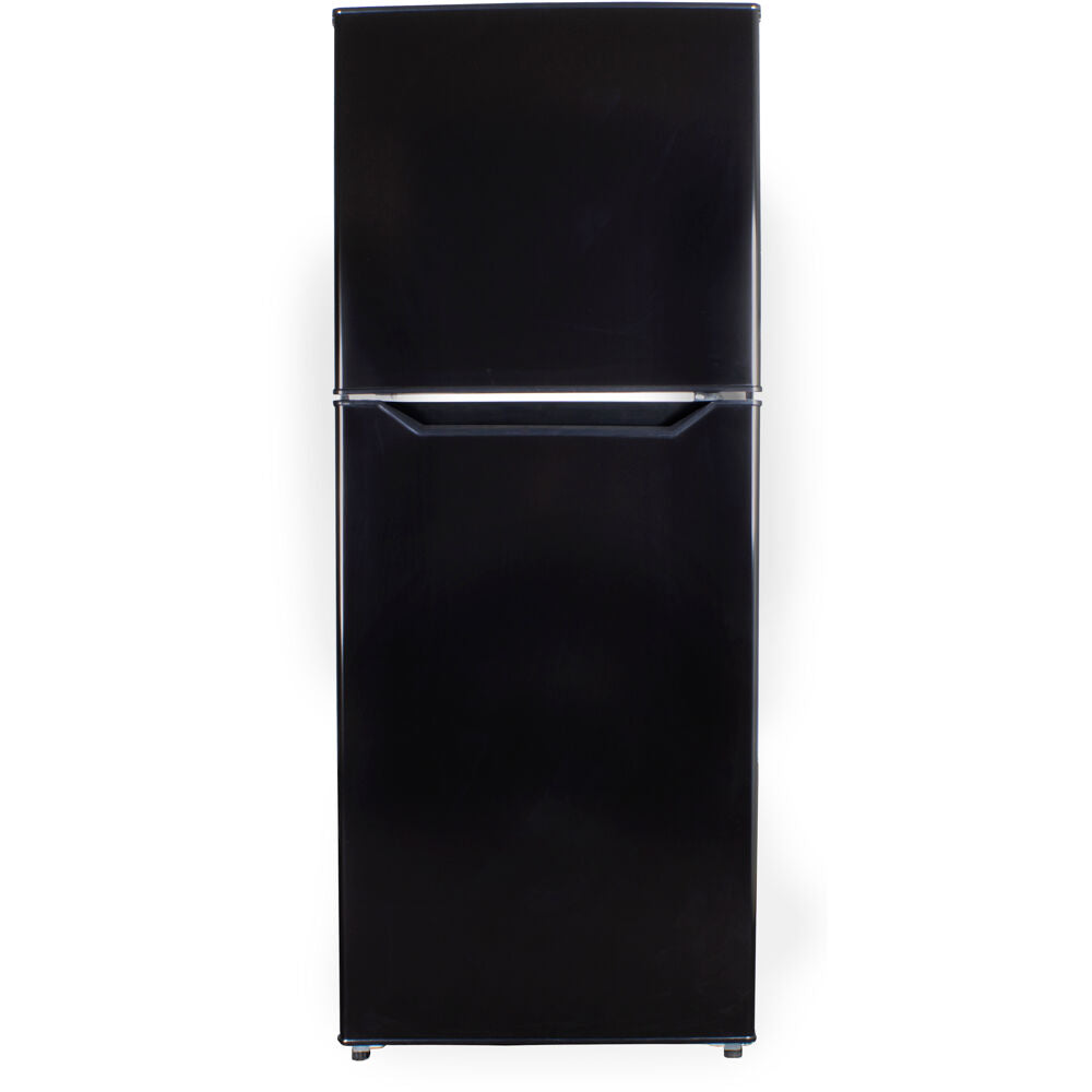 Black top freezer refrigerator with smooth finish, designed for efficient storage in kitchen and appliance collections