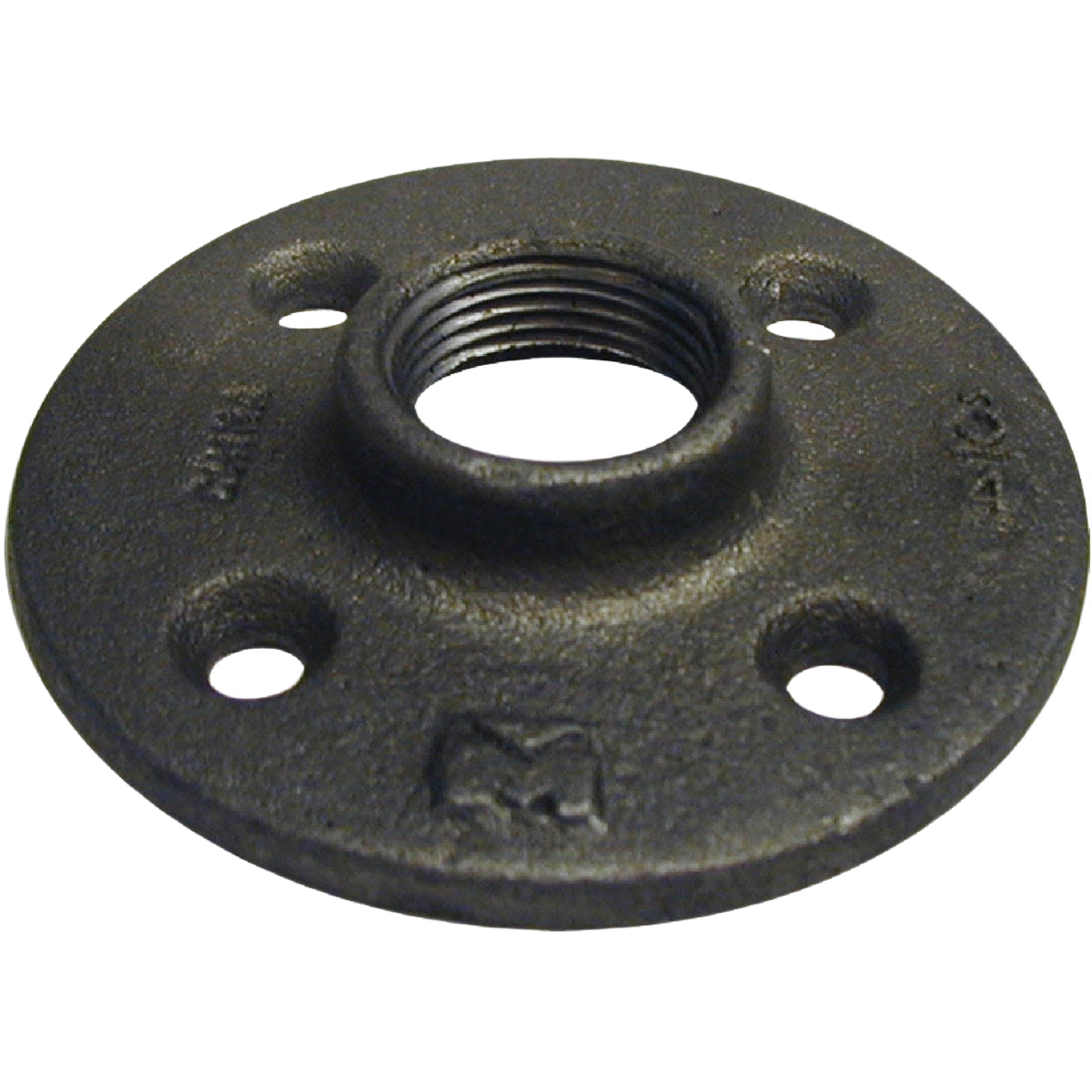Black iron floor flange with threaded center and four mounting holes for pipes and fittings in plumbing collections