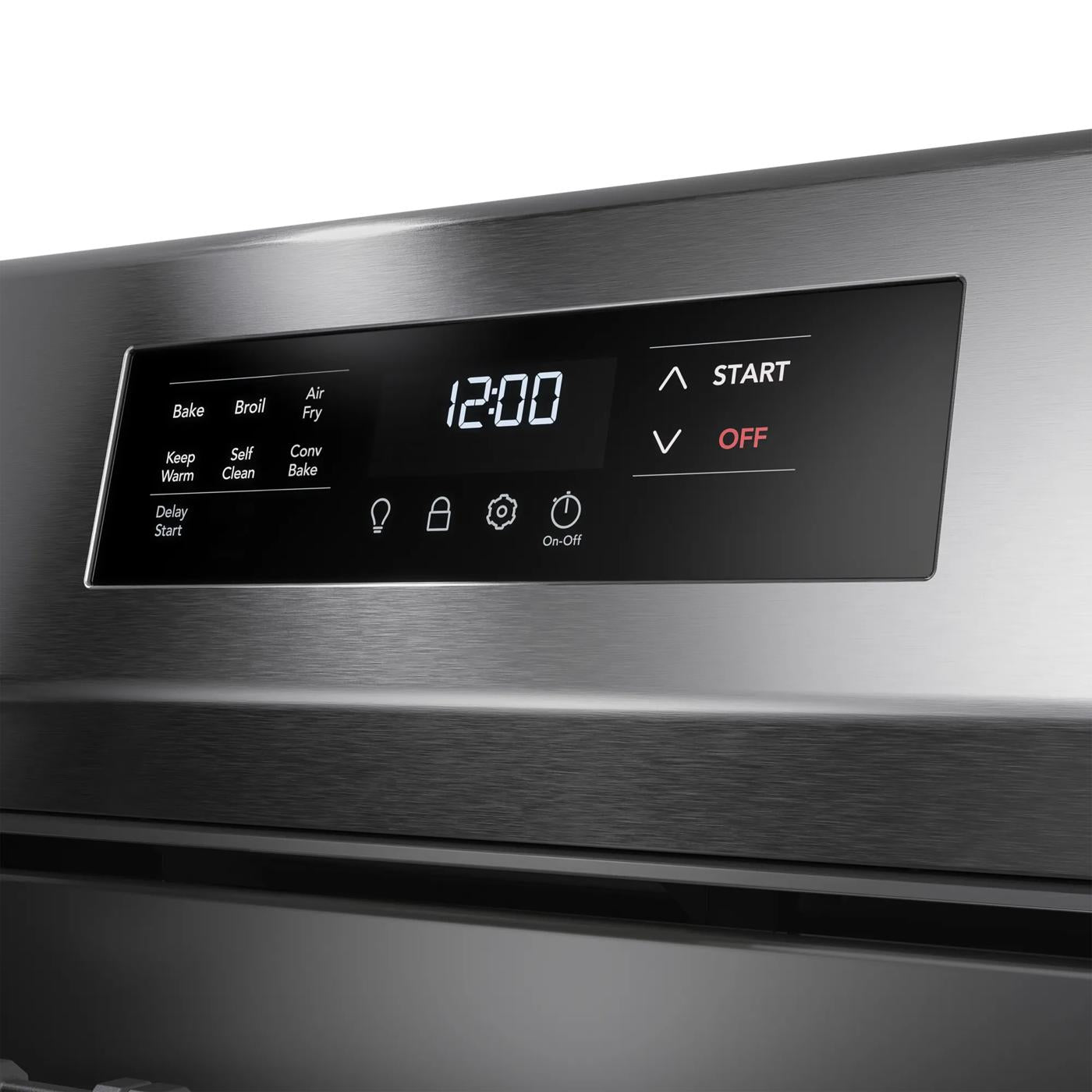 Close-up of stainless steel gas range digital control panel with air fry, bake, broil, and convection bake settings in kitchen appliances collection