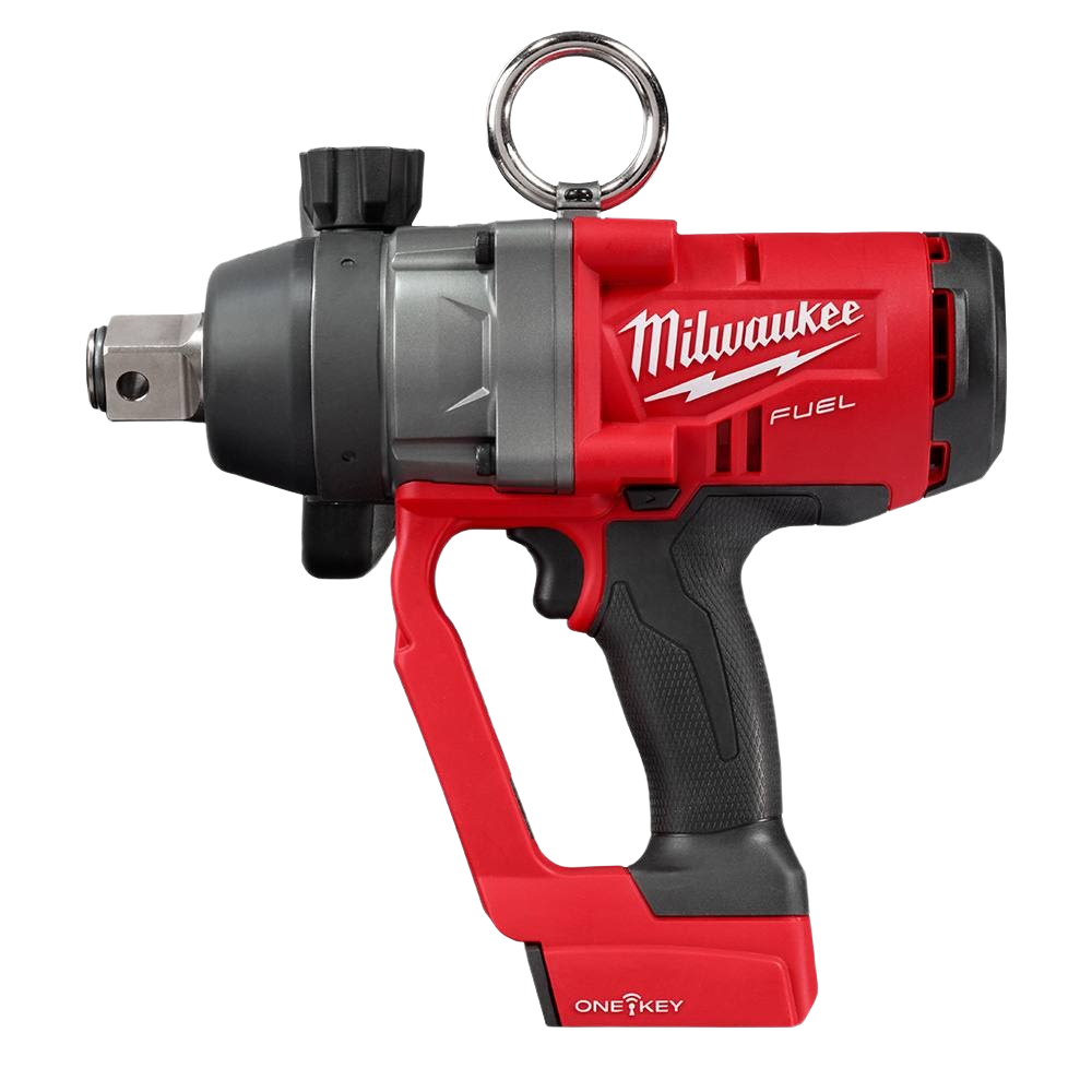 Red and black cordless high torque impact wrench with ergonomic grip and metal accessory ring for tools and home improvement