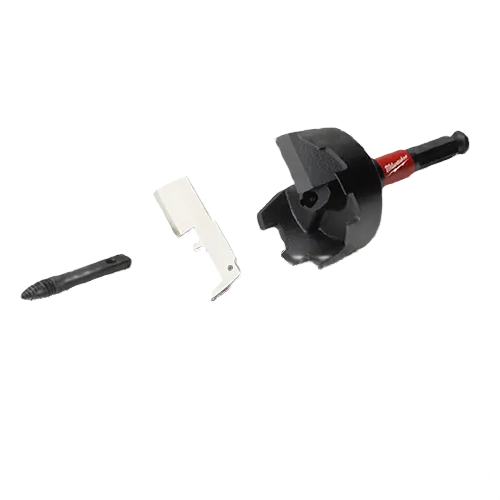 Black and red hole saw with pilot bit and white plastic tool for woodworking and home improvement tools collections