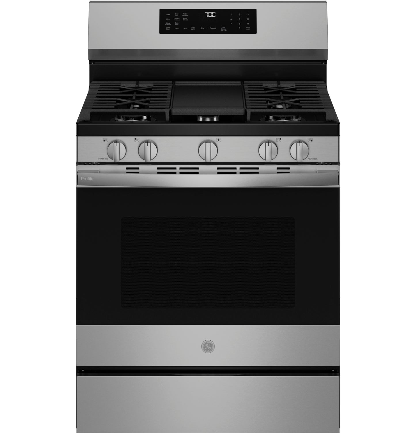 Stainless steel freestanding gas range with convection oven, five knobs, digital display, in Ranges & Kitchenware collections