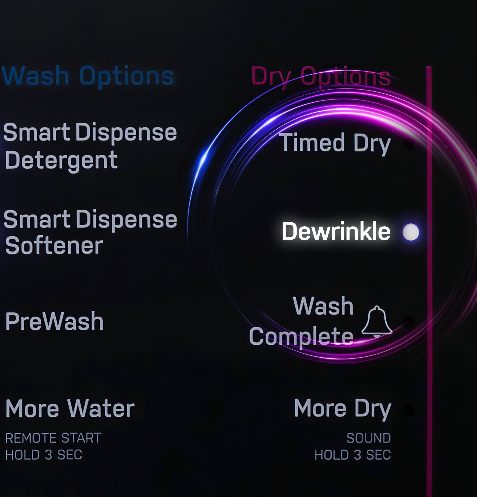 Close-up of washer/dryer combo digital panel showing wash options and selected Dewrinkle dry feature with illuminated dial ring