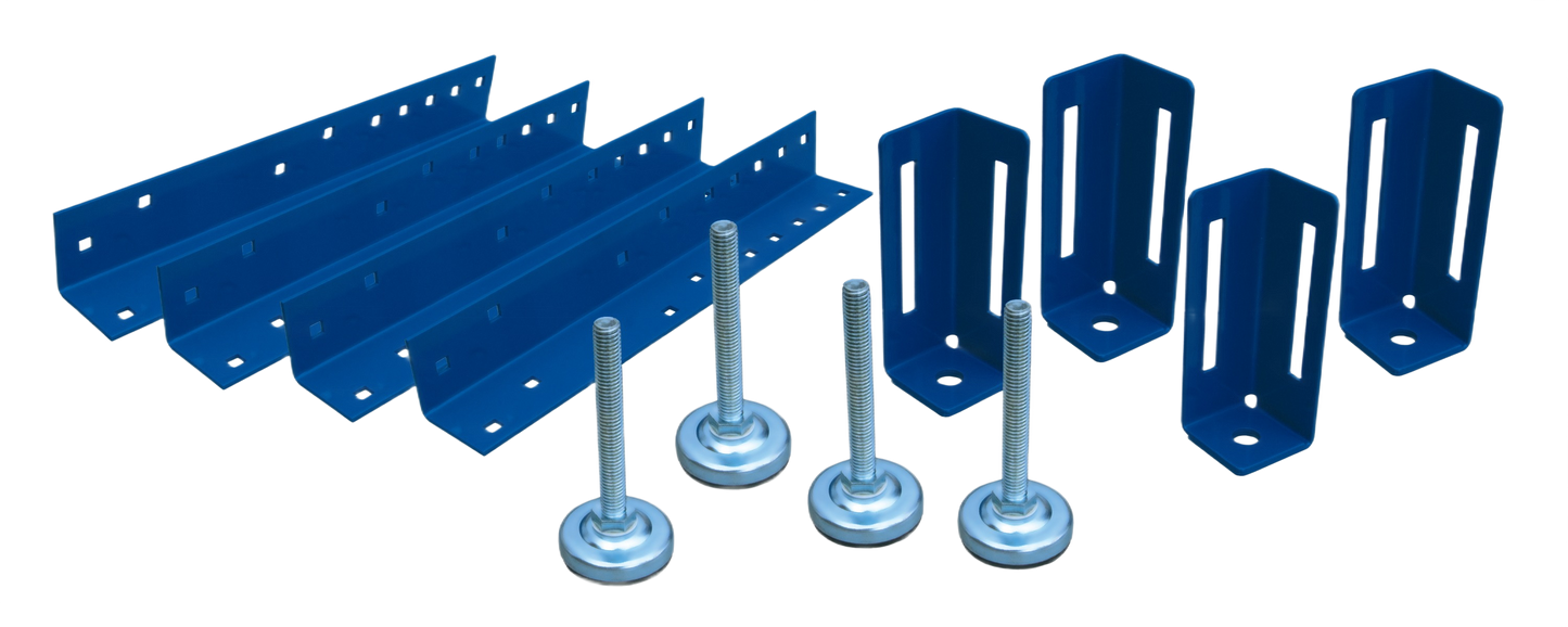 Set of four blue metal bench legs with adjustable feet and mounting brackets for home improvement projects