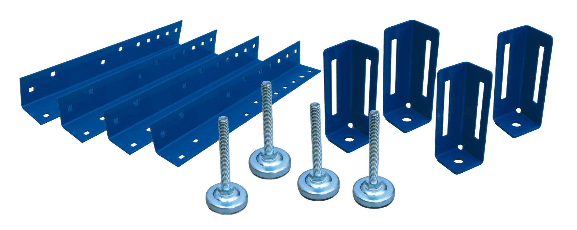 Set of four blue metal bench legs with adjustable feet and mounting brackets for home improvement projects
