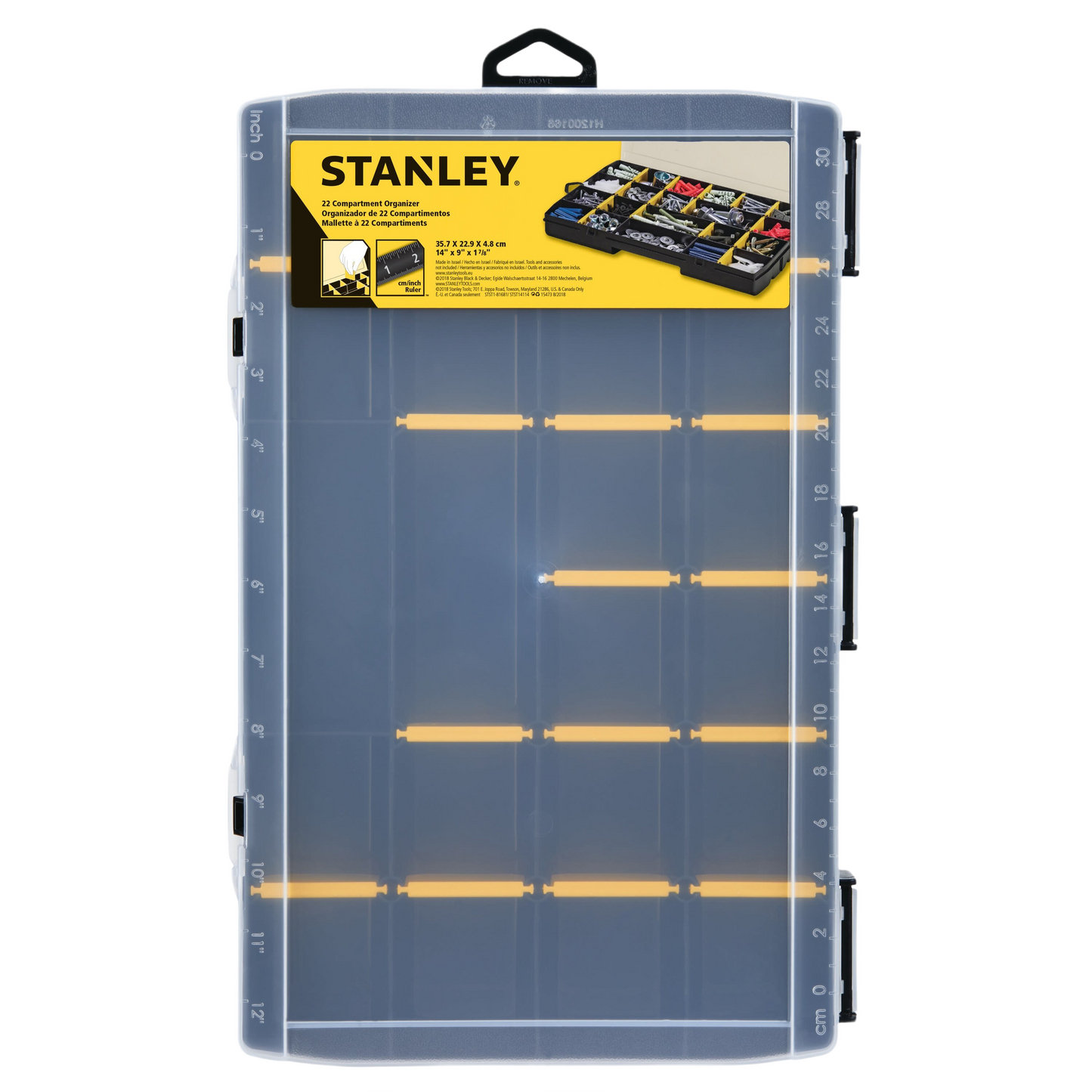 Clear plastic 22 compartment organizer with adjustable dividers for tool storage and workshop organization collections