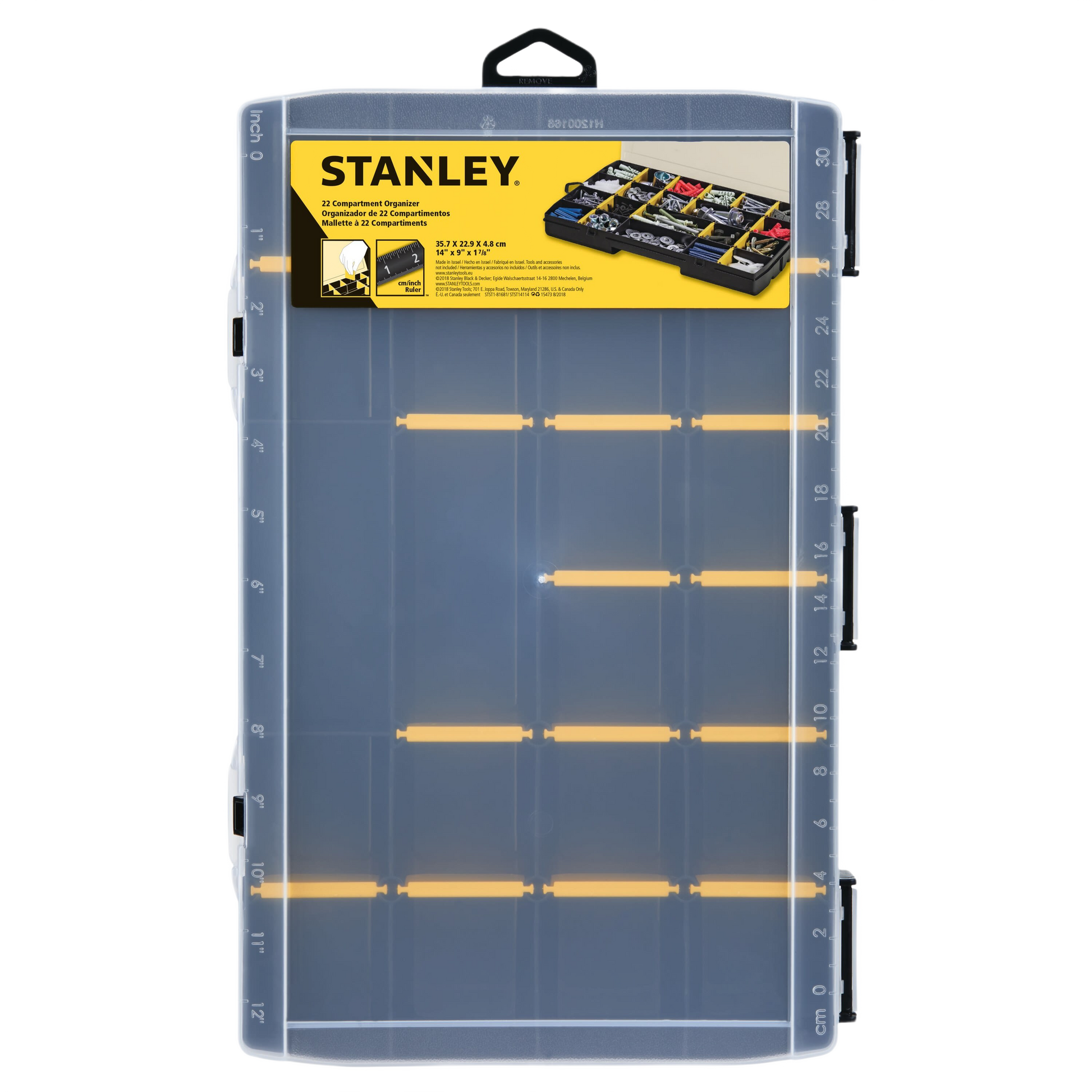 Clear plastic 22 compartment organizer with adjustable dividers for tool storage and workshop organization collections