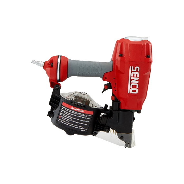 Red and gray coil siding nailer with ergonomic grip designed for siding installation and home improvement tools