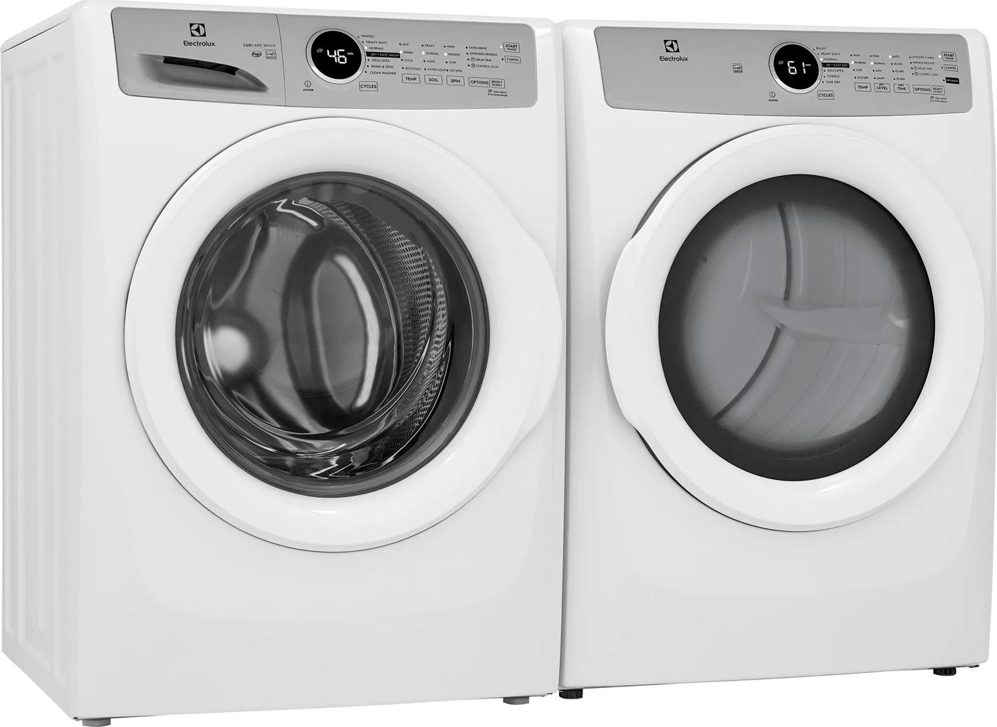 White front load washer and gas dryer pair with digital control panels from Dryers, Appliances, and Washers & Dryers collections