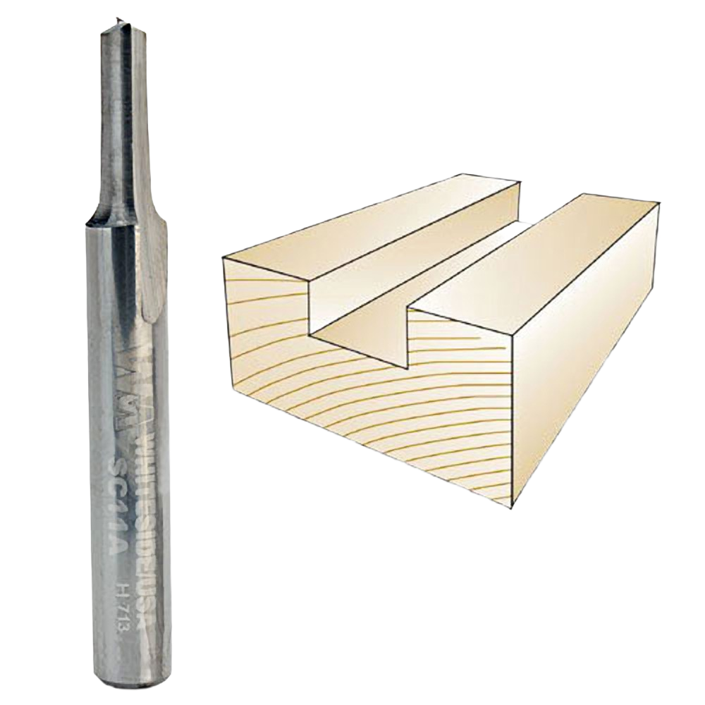 Solid carbide straight router bit designed for precise cutting clean grooves in composite wood materials.