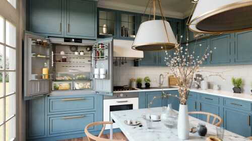 Built-in blue kitchen cabinetry with open French door refrigerator featuring ice maker and bottom freezer drawer in modern kitchen