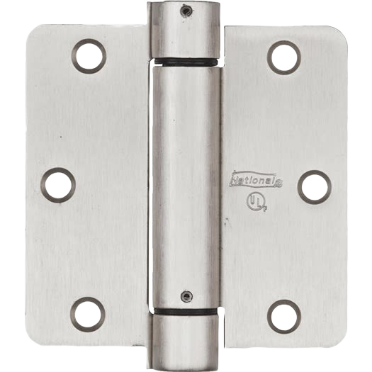 Satin nickel spring door hinge with 3-1/2 inch plates and 1/4 inch radius corners for home improvement projects