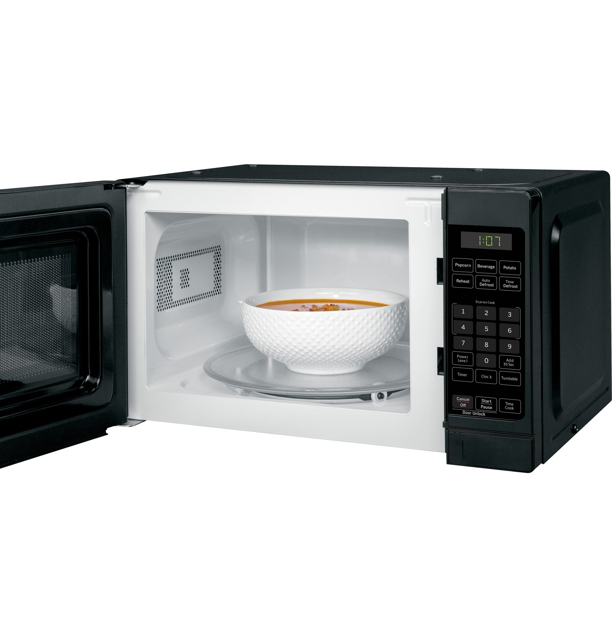 Black countertop microwave with open door, digital keypad, and white bowl of soup inside from Countertop Microwaves collection