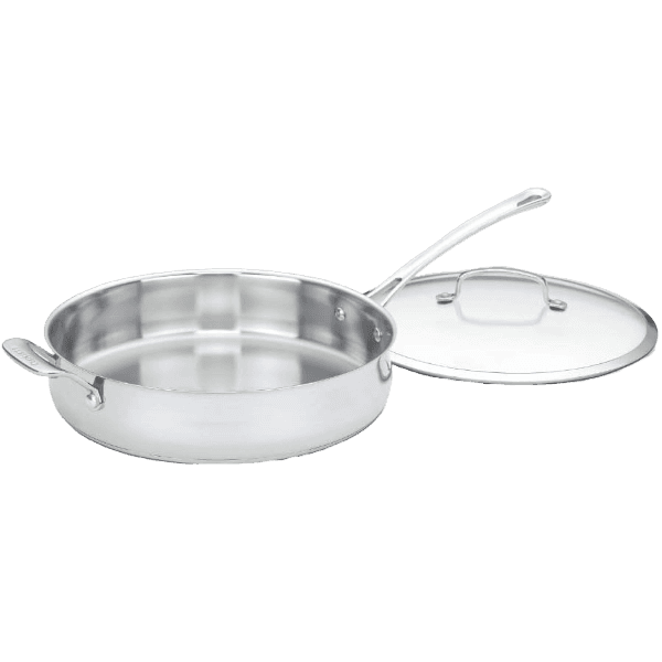 Stainless steel sauté pan with matching lid and dual handles for cooking in kitchenware and kitchen gadgets collections