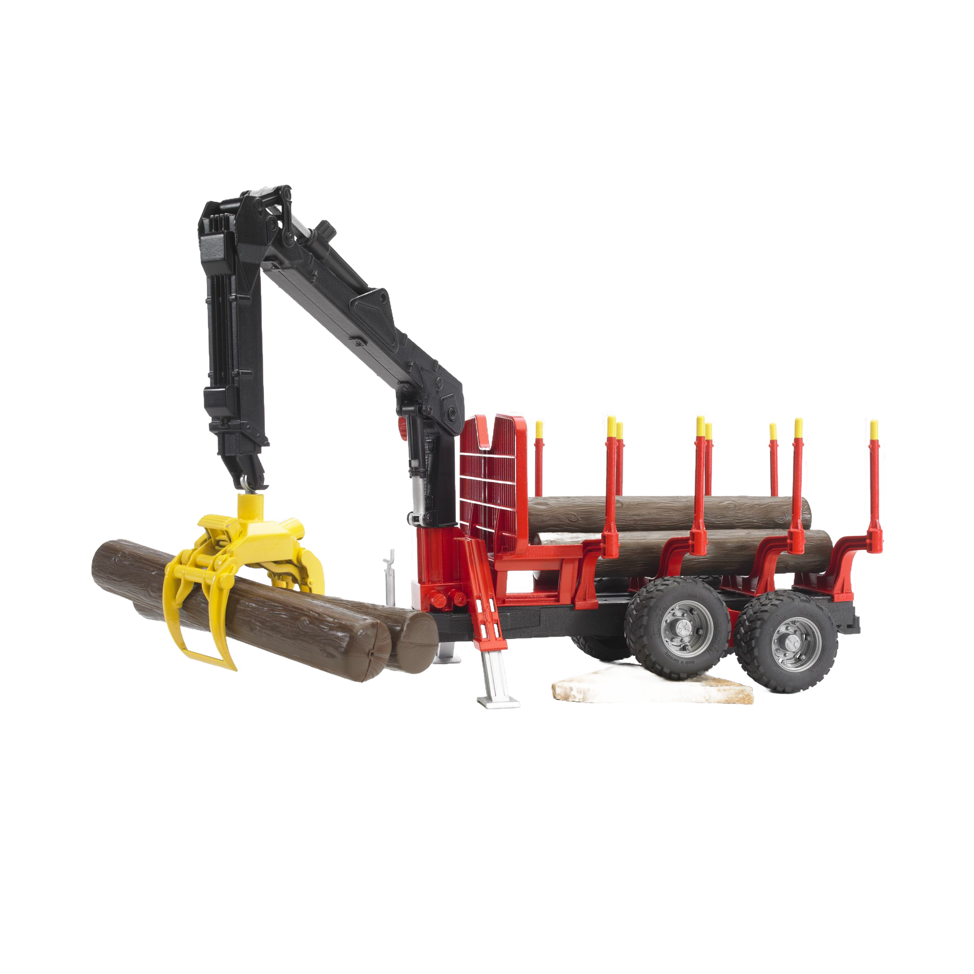 Red and black forestry trailer toy with yellow grapple lifting logs from Bruder Toys in Vehicles & Remote Controlled Toys collection