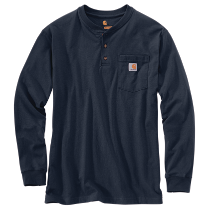 Dark navy heavyweight cotton long-sleeve henley with loose fit, three-button placket, and chest pocket featuring logo patch, from men's under $50 collection