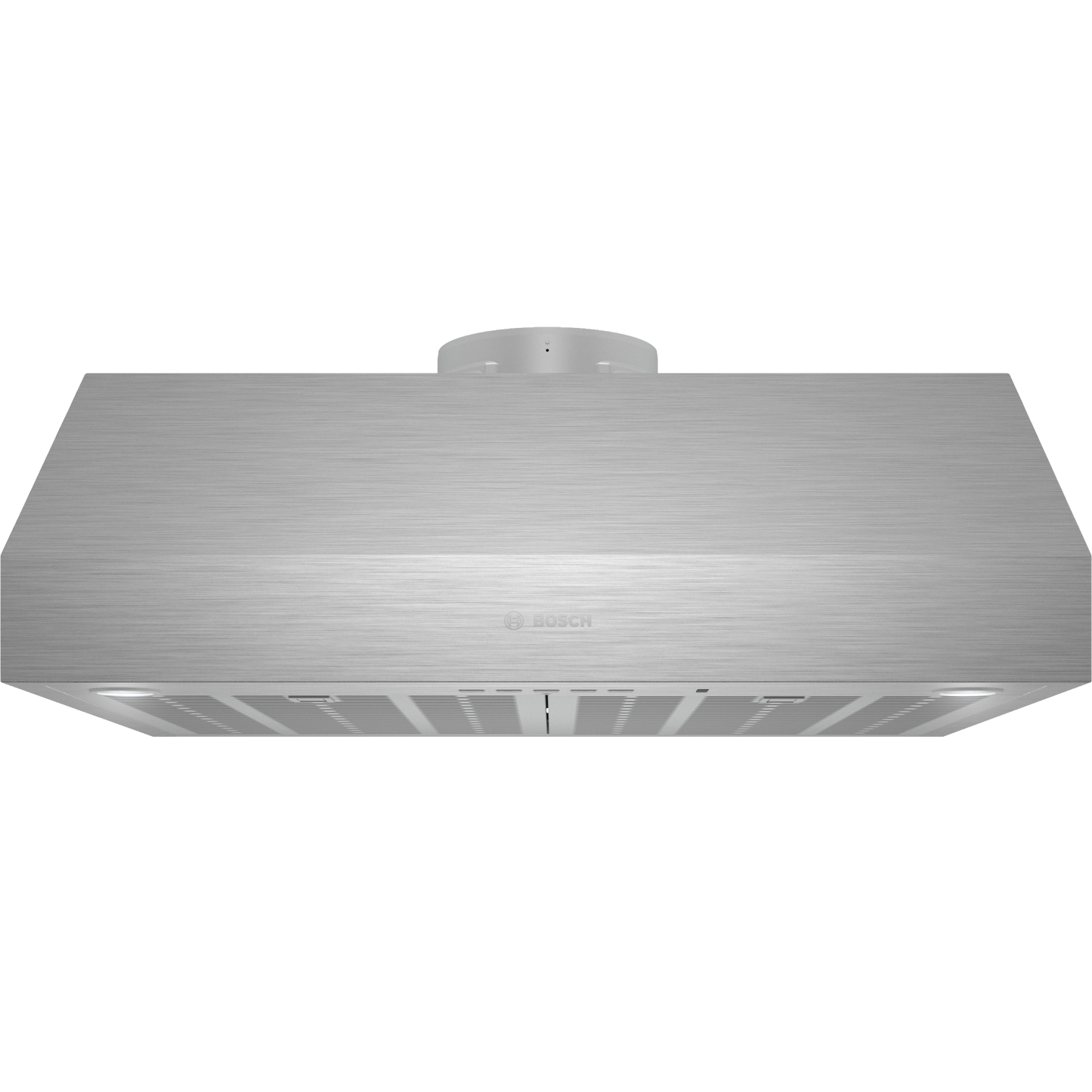 Stainless steel undercabinet range hood with modern design, ventilation vents, and circular duct connection for kitchen appliances.