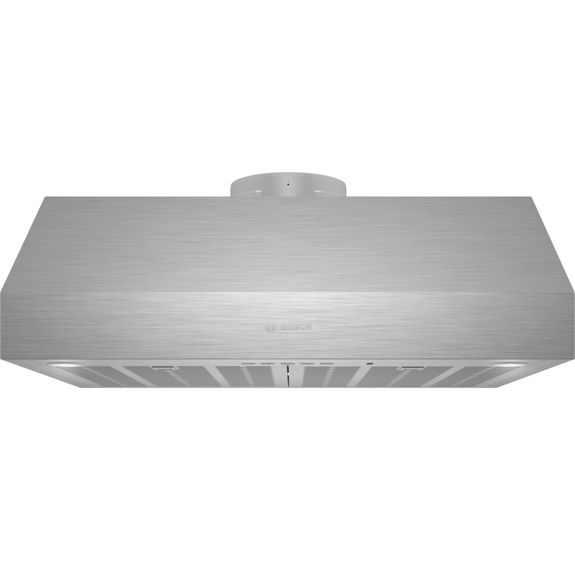 Stainless steel undercabinet range hood with modern design, ventilation vents, and circular duct connection for kitchen appliances.