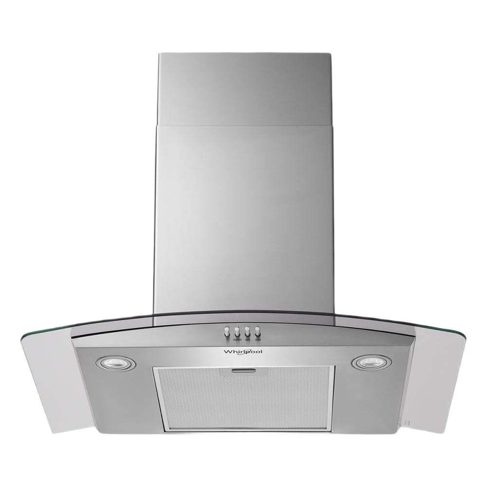 30-inch stainless steel wall mount range hood with curved glass accents and push button controls in kitchen appliances collection