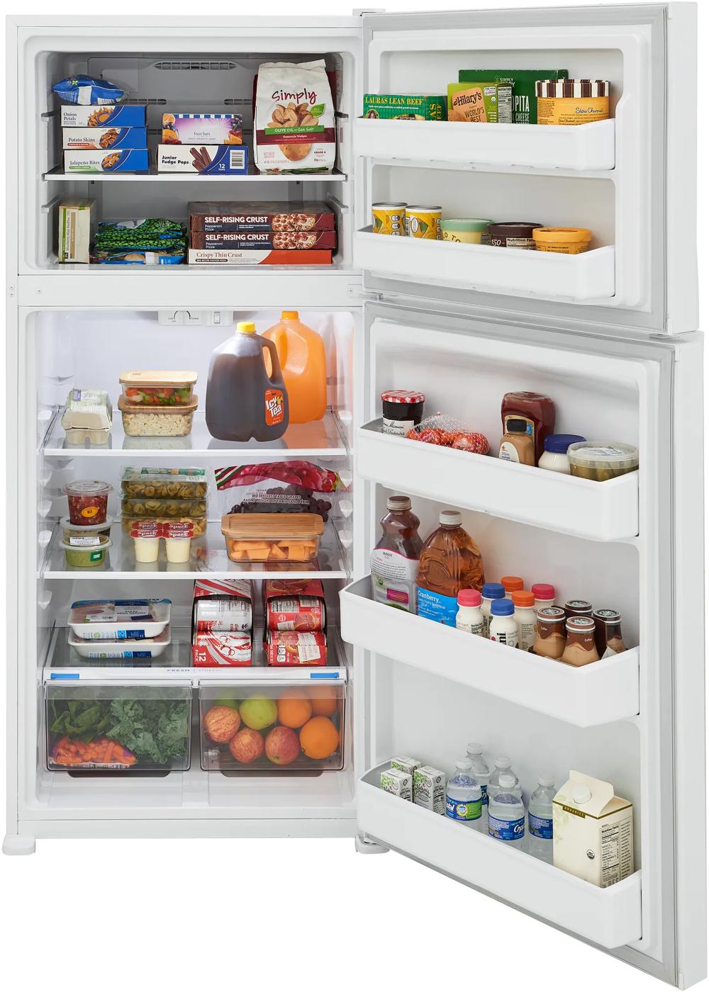 Open white top freezer refrigerator with organized food items and clear shelving, suitable for kitchen and garage use