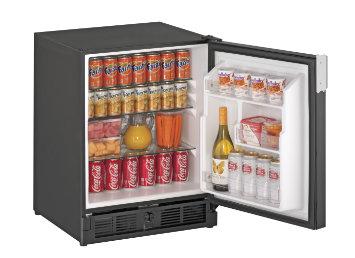 Compact black refrigerator with open door showing stocked beverages and snacks in kitchen appliance setting