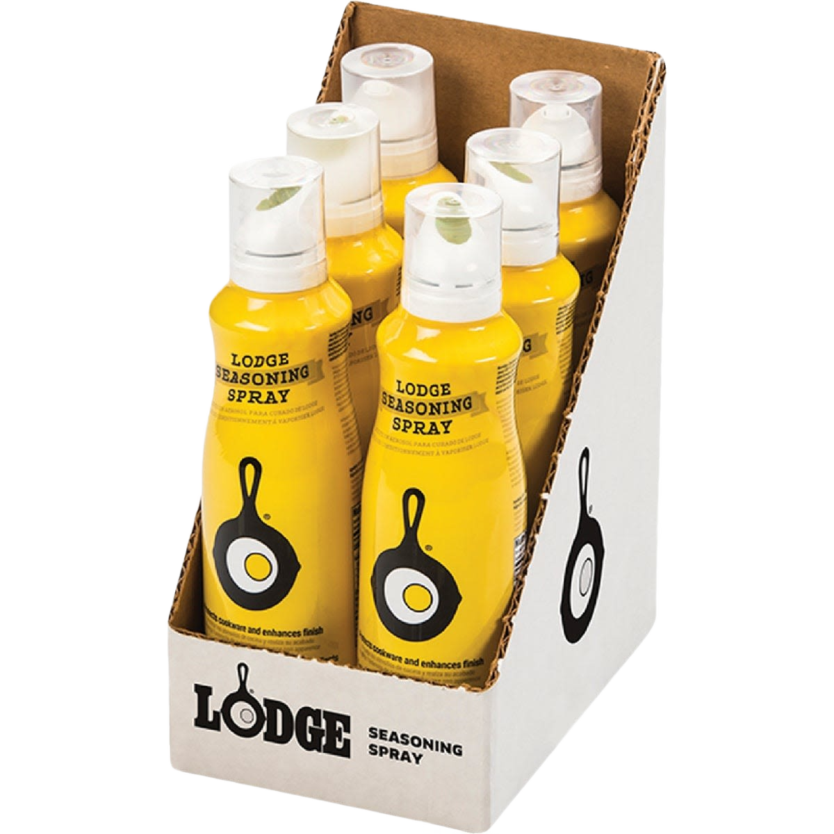 Yellow-cased Lodge Cast Iron seasoning spray bottles in a branded cardboard display for Kitchenware collections under $50